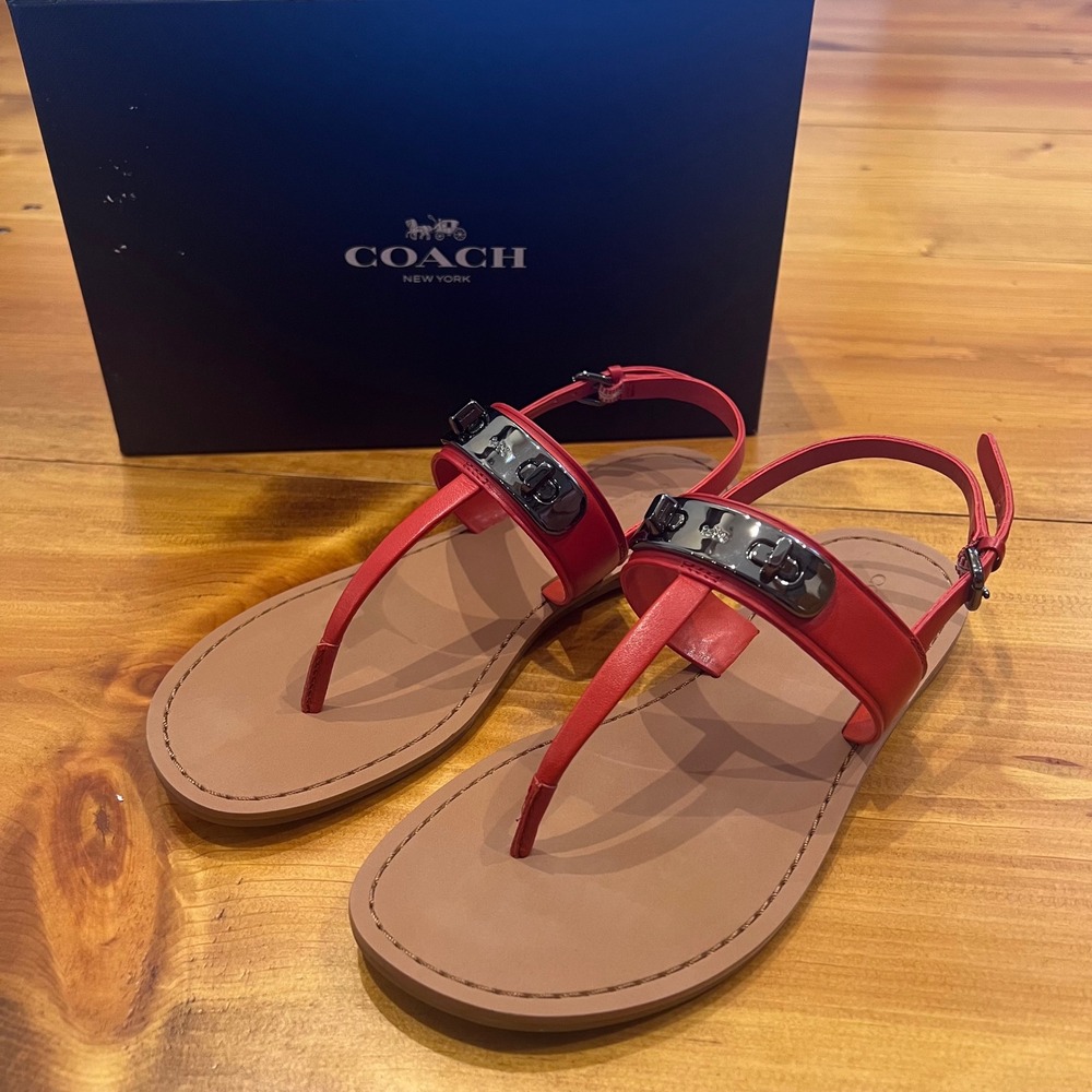 COACH‎ Gracie Semi Matte Calf Leather Thong Sandal Carmine Orange Women's 6.5 M